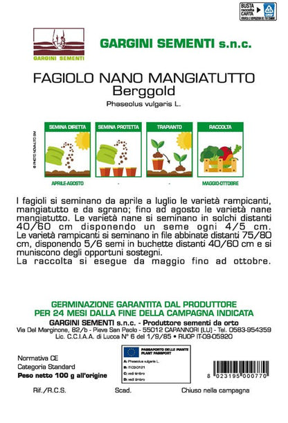 Seme di Fagiolo Mangiatutto Nano Berggold Gargini Sementi 100gr