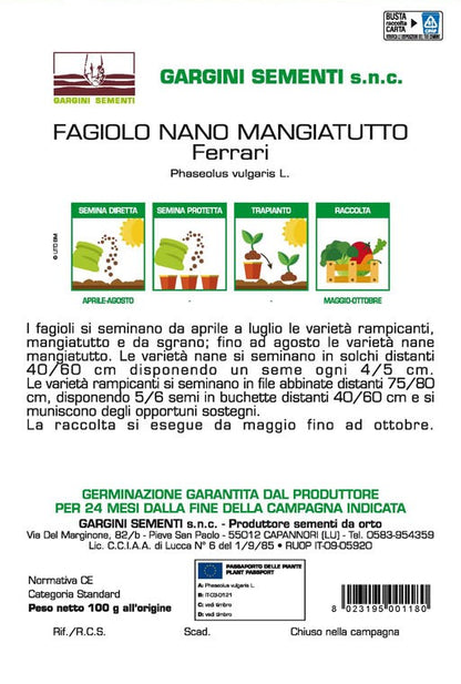 Semi di Fagiolo Mangiatutto Ferrari Nano Gargini Sementi 100gr